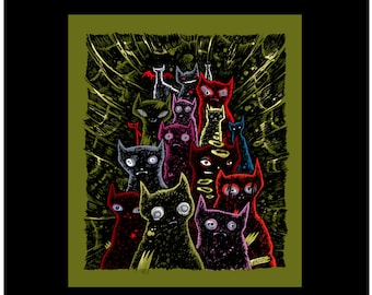 Backyard Creeps Kunstdruck: Katzen Bande Tuschezeichnung von Buzz Parker