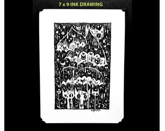 Original Tuschezeichnung: Umbrella Kitties Ink Art von Buzz Parker