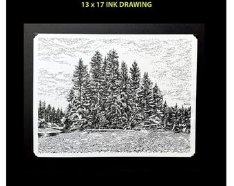 Original Ink Drawing: Bend In The River Art by Buzz Parker Trees Nature River Spot