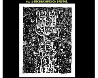 Original Tuschezeichnung: Cat Crew Art von Buzz Parker Backyard Kitty Cats