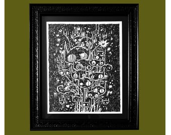 Original Ink Drawing: Garden Catz Art by Buzz Parker Backyard Kitty