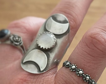Triple Moon Goddess Ring with Moonstone: Sterling Silver Pagan Jewelry