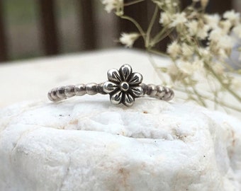 Sterling Silver Stackable Tiny Flower Ring / Dainty Stacking Jewelry for under 50 / Stocking Stuffer Ring / Stocking Stuffer Jewelry