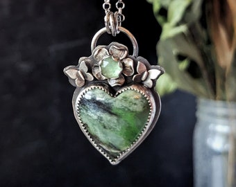Heart Necklace, Valentine's Day Gift, One of a kind jewelry, Prehnite Heart Pendant, Gift for Wife, V-day jewelry, Flower and Butterflies