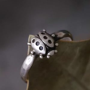 May include: A silver ring featuring a detailed ladybug design. The ring has a hammered texture on the band and the ladybug has black accents. The ring is set against a blurred background and a green leaf.