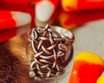 Sterling Silver Pentacle Ring with Leaves: Pagan Wiccan Jewelry