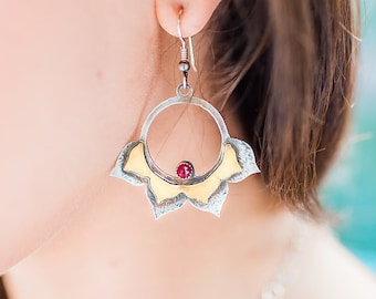 Lotus Earrings, Garnet Earrings, Hoop Earrings, Statement Earrings, Flower Earrings, Medium Size Hoop, Festival Earrings, Statement Earrings