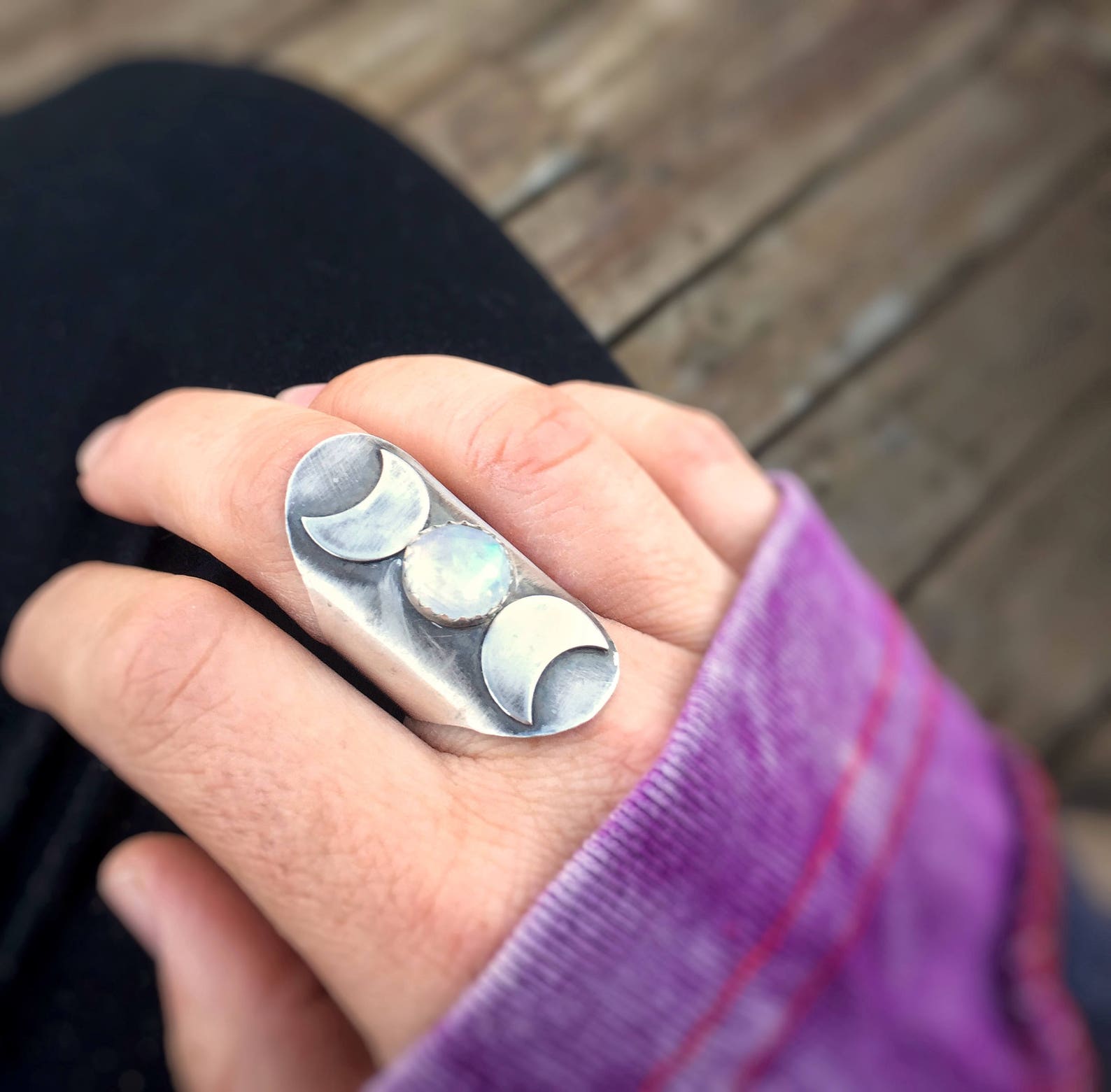 Triple Moon Goddess Ring Wiccan Ring Moonstone Ring Pagan Etsy