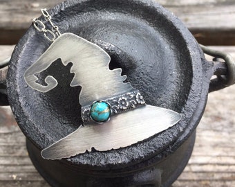 Sterling Silver Witch Hat Necklace, Witchy Jewelry, Wiccan Jewellery, Witch Hat with Gemstones