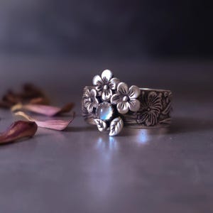Handcrafted Sterling Silver Moonstone Ring: Floral Wide Band, Pagan Wedding