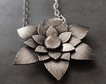 Sterling Silver Lotus Necklace with White Moonstone | Handmade Botanical Jewelry | Meaningful Gift for Her