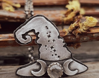 Collar de sombrero de bruja de plata esterlina: colgante de luna y estrella de labradorita