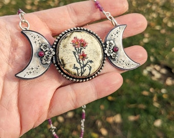 Triple Moon Goddess Necklace, Sterling Silver One of A Kind, Wearable Art, Necklace with Genuine Rubies, Witchy Necklace, Wiccan Jewelry