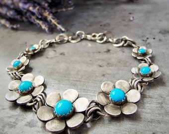 Pulsera de flores turquesas hecha a mano: joyería floral retro bohemia