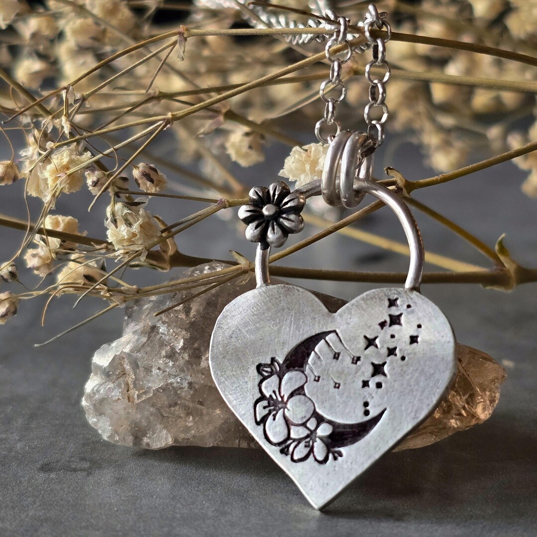 Recycled Sterling Silver Celestial Heart Necklace: Moon & Stars Pendant ...