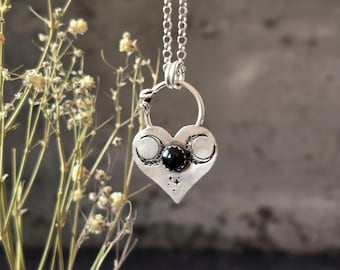 Sterling Silver Triple Moon Heart Necklace: Black Onyx Celestial Pendant