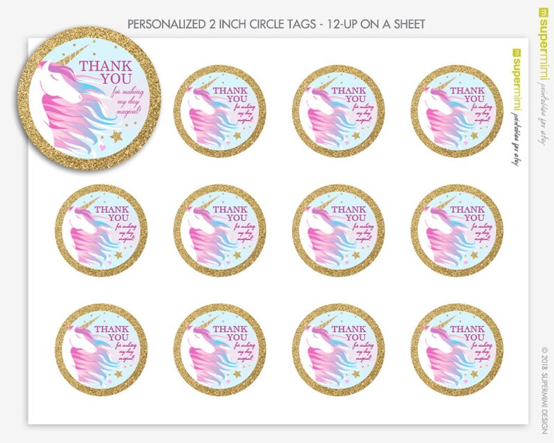 magical unicorn party thank you 2 inch circle labels