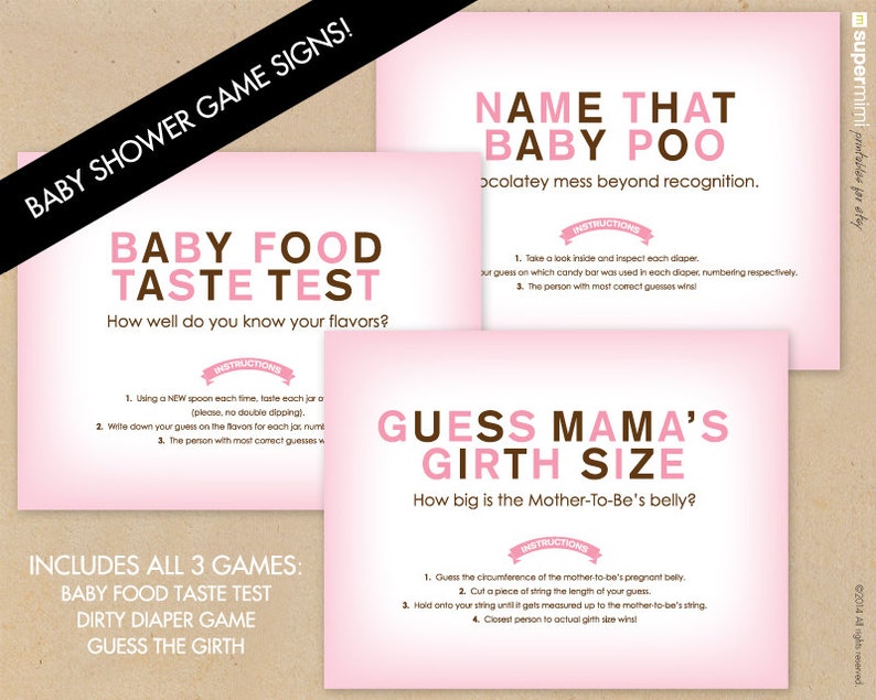 Baby Shower Diaper Girth And Baby Food Game Signs With Labels Etsy