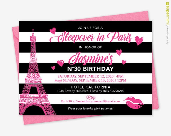 Paris Sleepover Birthday Party Invitation Card in Pink Black 