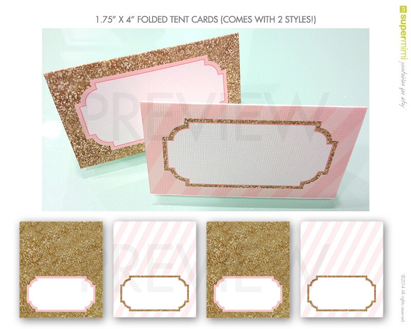 Pink Stripes and Sparkly Gold Tent Cards / Instant Digital | Etsy