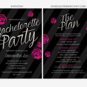 Roses Roses argent paillettes rayures noires Bachelorette Invitation et carte d’Info planning / personnalisé fichier imprimable