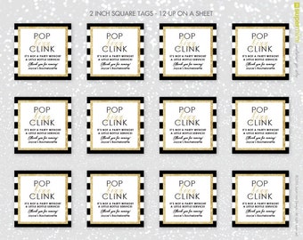 Pop Fizz Clink Gold Glitter Stripes 2 Inch Square Party Party Tags / Personalized Digital File