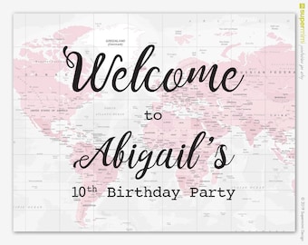 Pink Map Travel Themed Party Welcome Sign / Personalized Digital File