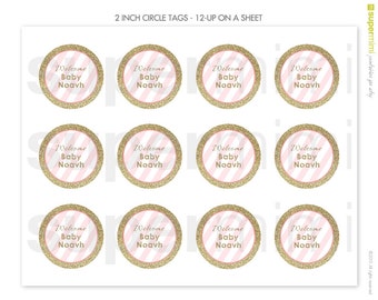 Customized Gold Glitter and Pink Stripes 2 Inch Round Labels / Customized Digital Printable File