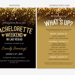 Invitation de Bachelorette Vegas noir or brillant et Planning Info carte personnalisé fichier imprimable