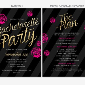 Roses Roses paillettes d’or noir à rayures Bachelorette Invitation et carte d’informations de planning / personnalisé imprimable téléchargement