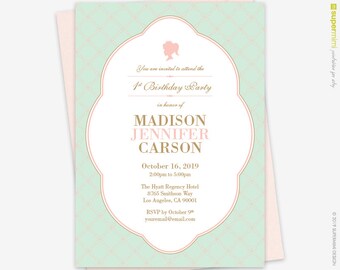 Pink Gold and Mint Royal Princess Birthday Party Invitation / Customized Digital Printable File