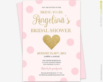 Pretty in Pink and Gold Bride-to-Be Bridal Shower Party Invitation / Customized Digital Printable File