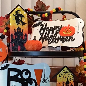 Spooky Halloween Wood Block Haunted House / Tiered tray decor set, farmhouse reclaimed wood decor, Double sided Halloween Tier Tray Bundle