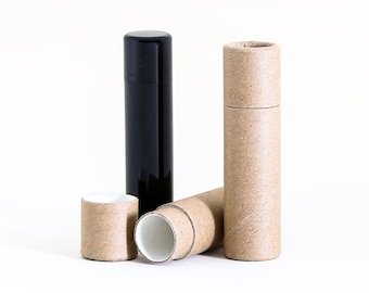 May include: Three cardboard tubes for lip balm or other small products. Two are brown and one is black.