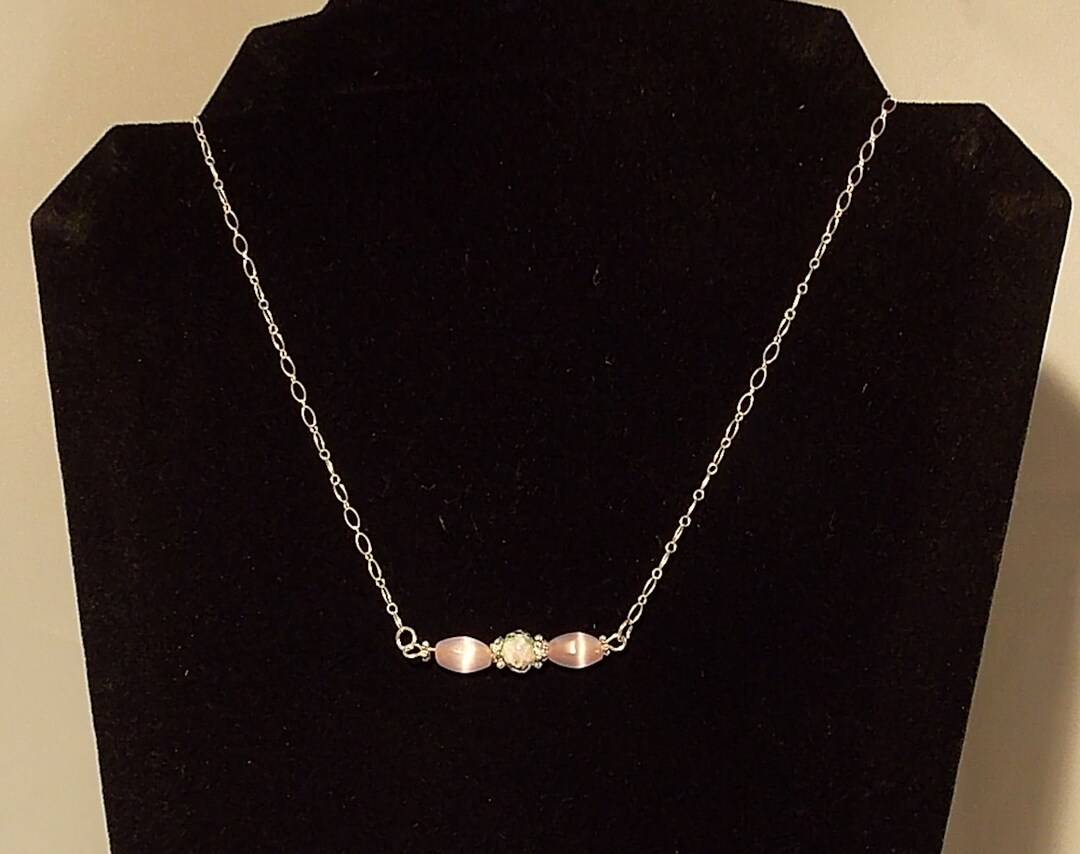 Sterling Silver Necklace // Pink Bar Necklace // Bead Necklace Etsy