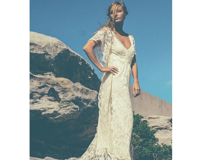 Bohemian Lace Beaded Train Bridal Kaftan, Beach Boho Lace sleeve Wedding Dress with train.