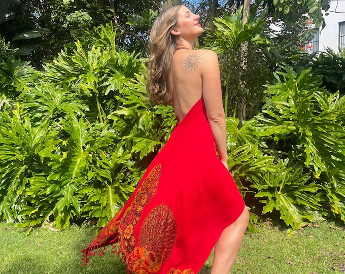 Ruby Peacock low back dress, Bohemian Red Dress open back fringe hem