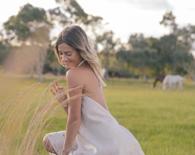 Sundancer Linen low back dress,  Boho organic natural eco Linen halter Dress