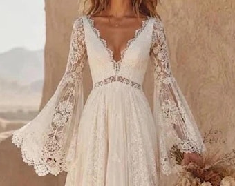 Bohemian Bell wing Sleeve Bridal 2 piece dress with tulle skirt