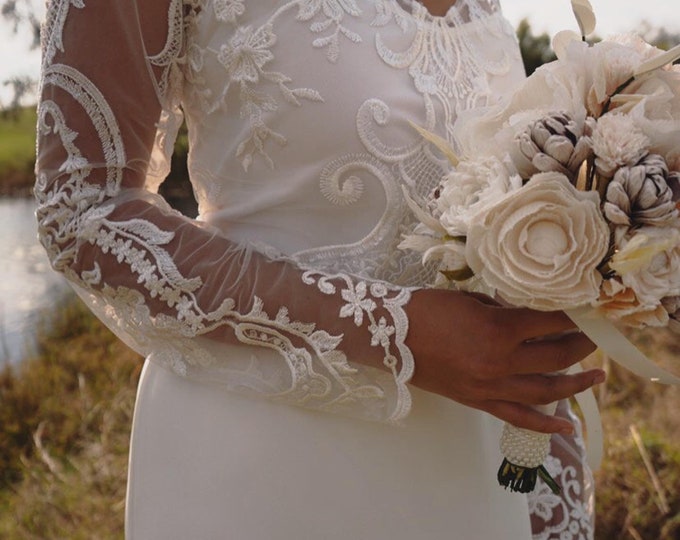 Romantic Embroidery Lace Sleeve wedding dress with train