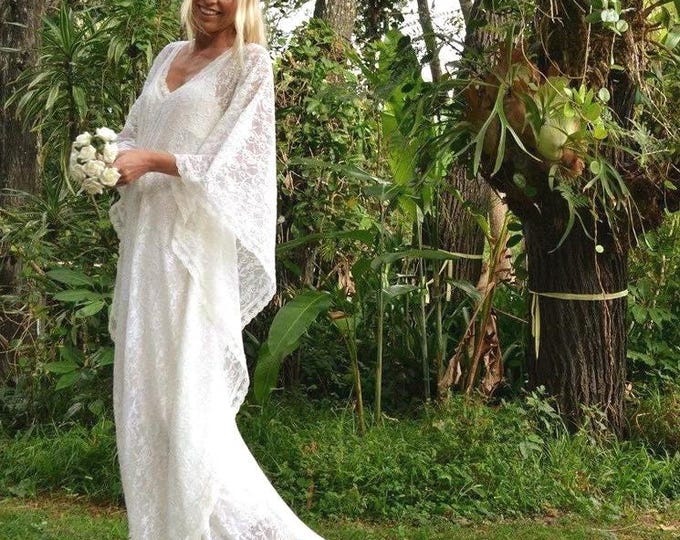 Gypsy Lace Beaded Train Bridal Kaftan, Lace Boho Beach Wedding Dress