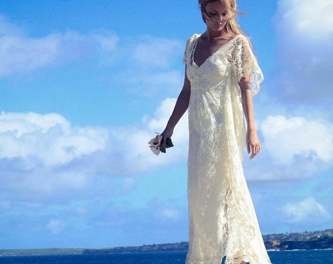 Bohemian Beaded Lace Wedding Dress: Beach Bridal Kaftan with Train