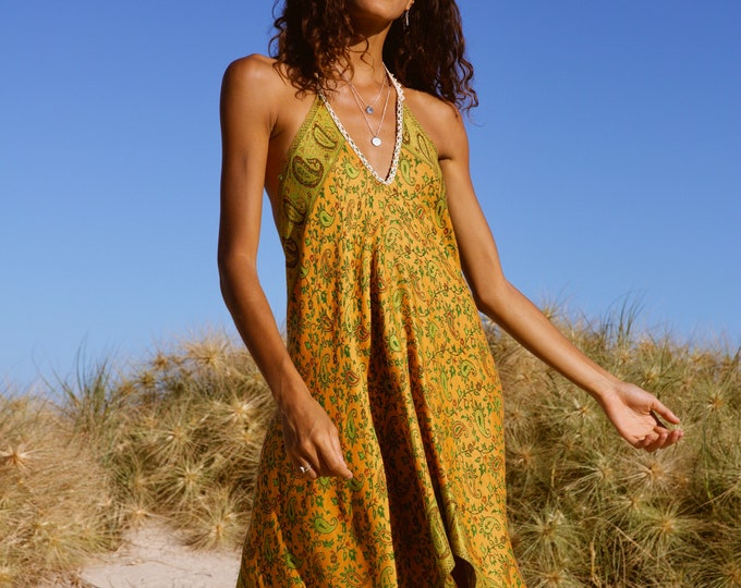 Mermaid Paisley Sundancer low back dress, reversible Boho Gypsy fringe hem Dress handmade