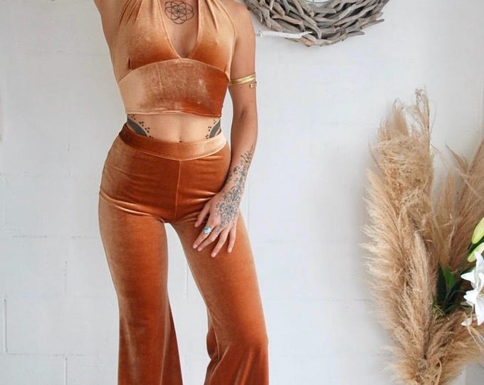 Retro Velvet Bell Bottoms: Copper rust Luxe 70s high waist Flares