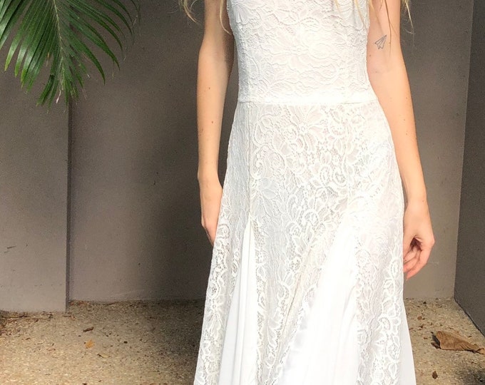 Divine Lily floral Lace and Chiffon Flared dress with small train, Bohemian gypsy simple wedding dress