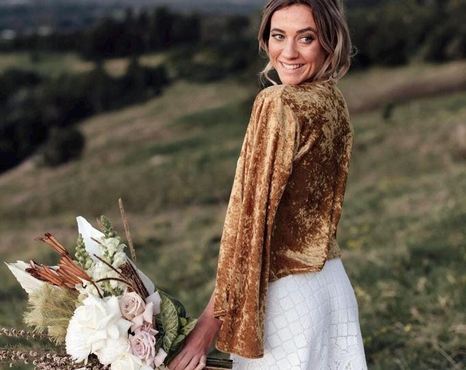 Golden Crush Velvet Bell Sleeve Jacket, Wedding Cover Up