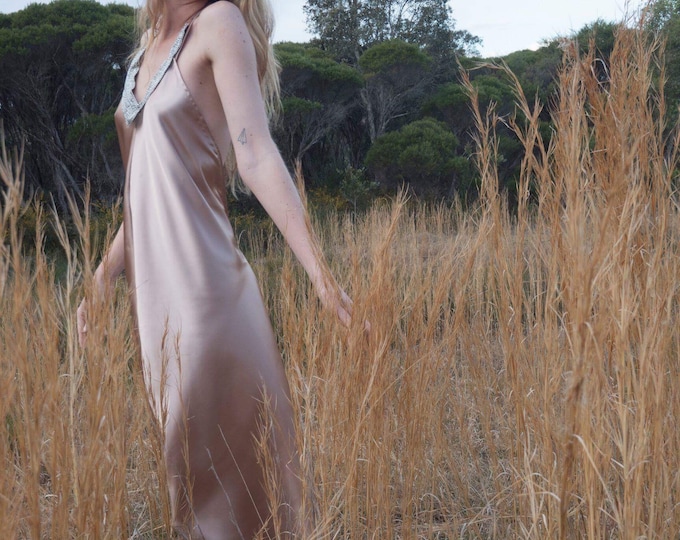 Handmade Stardust Musk Silk Satin Dress: Beaded Low Back Prom Gown