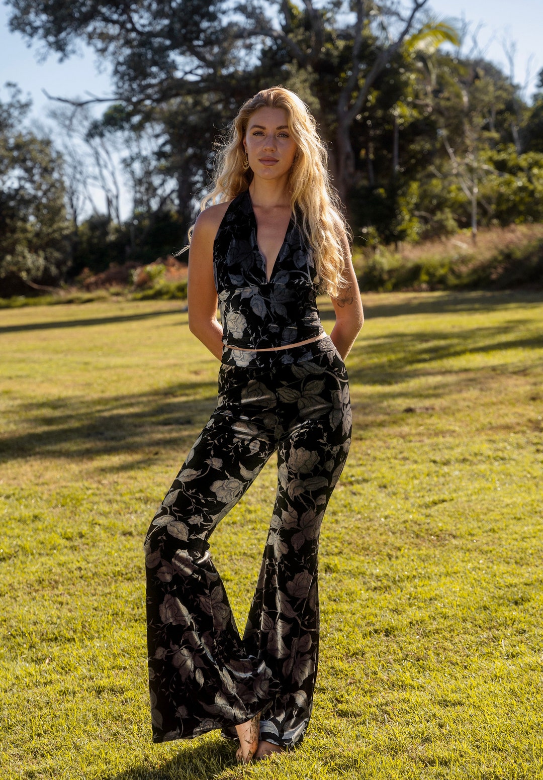 Rose Floral Velvet Flares and Halter Top Set, Black and Silver Flower ...