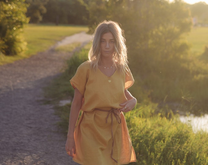 Linen Tea Shift dress, Loose natural yellow Beach dress.