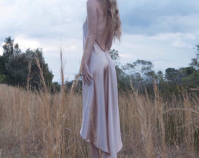 Stardust Copper Silk Satin Beaded low back Dress, Silk Prom Bridesmaid dress